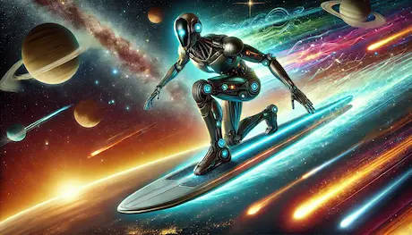 A futuristic robot on a surfboard gliding through space, symbolizing freedom, adventure, and innovation as it rides through the stars and galaxies.