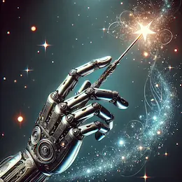 A futuristic robot holding a glowing magic wand, blending advanced technology with elements of magic, symbolizing the wonder and power of AI-driven innovation.