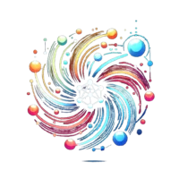The logo for Quantum Synergy Systems, featuring a central hexagon with circles at each corner and a central node, interconnected by lines. Colorful spirals extend outward, ending in vibrant circles, symbolizing coordinated AI agents and dynamic data flows.