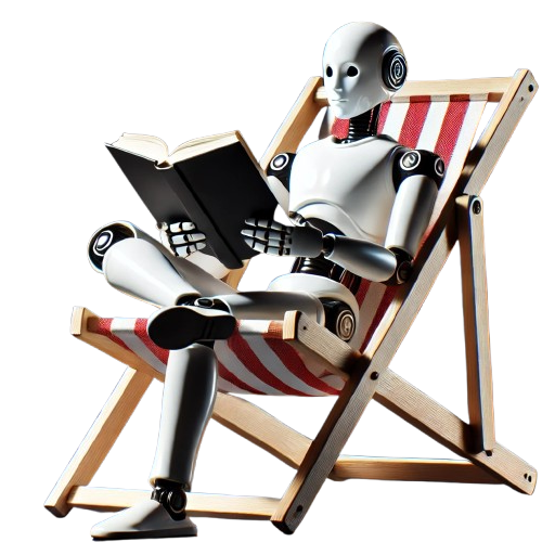 Robot sitting in a red-and-white striped wooden deck chair, reading a thick black book on Human-AI Co-creation and Creativity. The robot has its right leg casually crossed over its left leg and seems deeply absorbed in the reading.